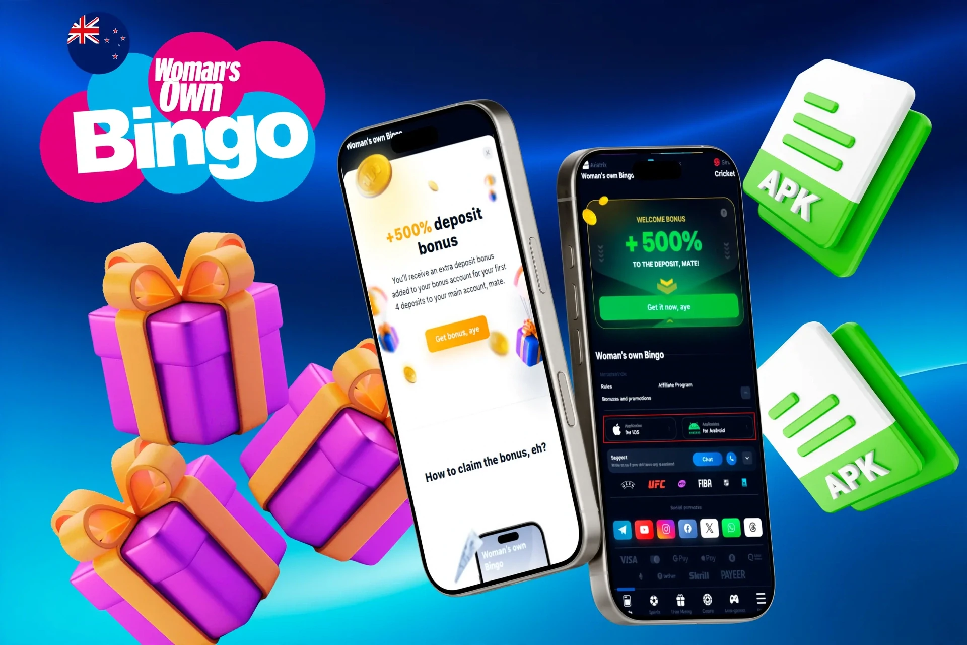 Woman's Own Bingo mobile app promotion with 50% up to £50 games bonus and gift box illustration