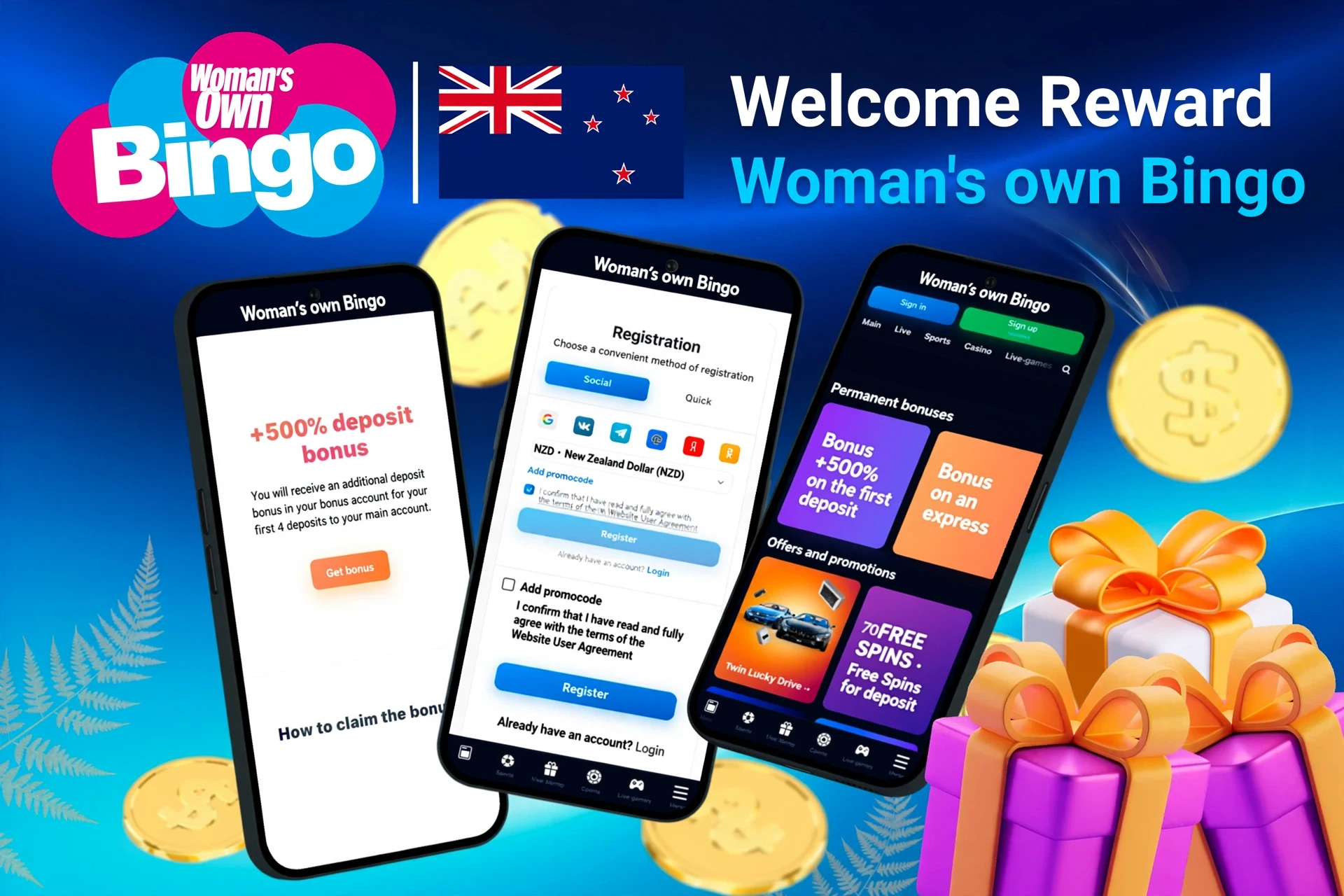 Mobile screens displaying Woman's Own Bingo registration and 50% up to £50 Games Bonus with gift boxes