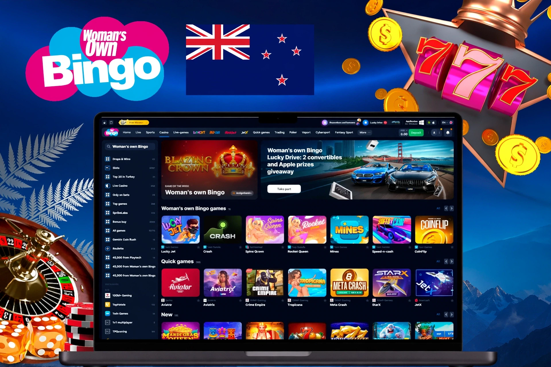 Casino homepage with various slot and crash games, including Lucky Jet and Blazing Crown