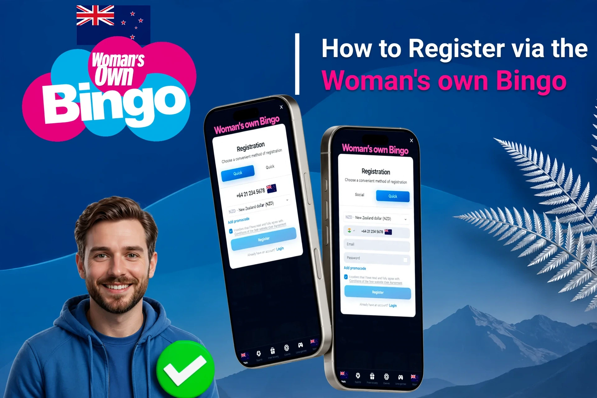 Registration process on the Woman's Own Bingo mobile app with social login options