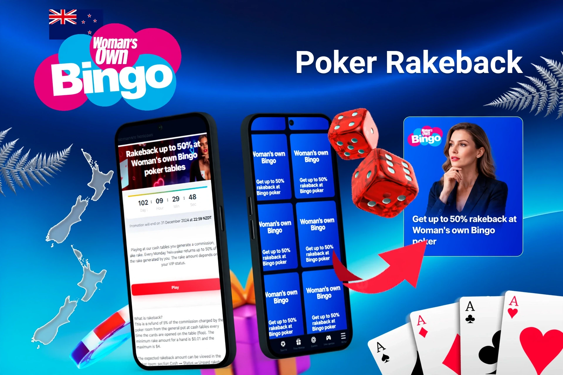 Mobile app with 1Win poker rakeback offer up to 50%, red dice, and playing cards