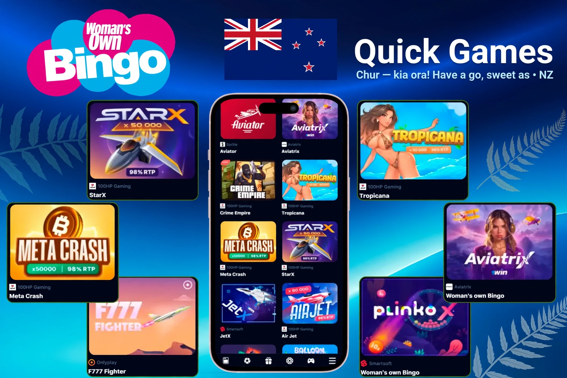 Quick games section featuring titles like StarX, Tropicana, Meta Crash, and PlinkoX highlighted on mobile and desktop