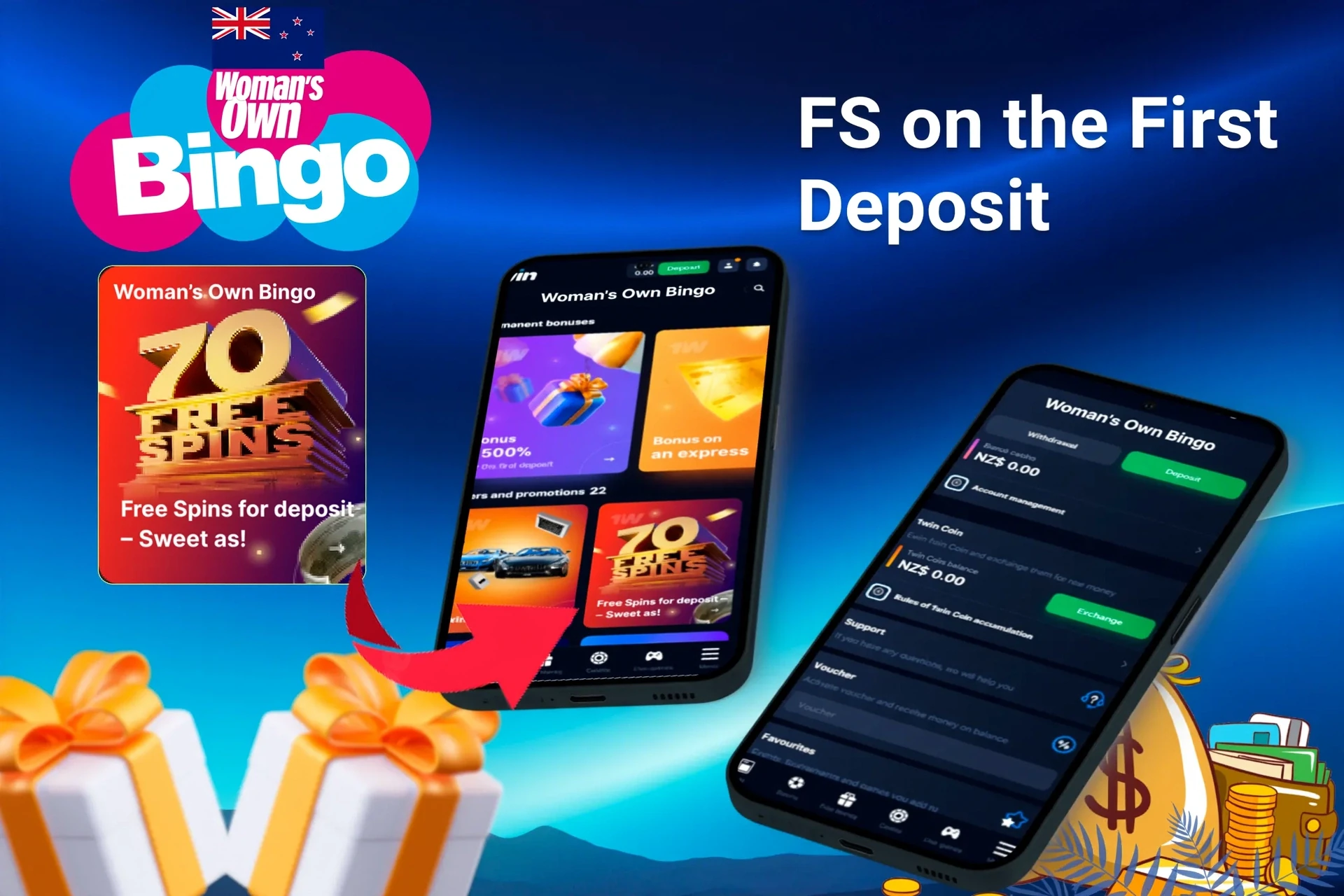 Mobile app showing casino game offers like loyalty program and free spins with poker chips and cards