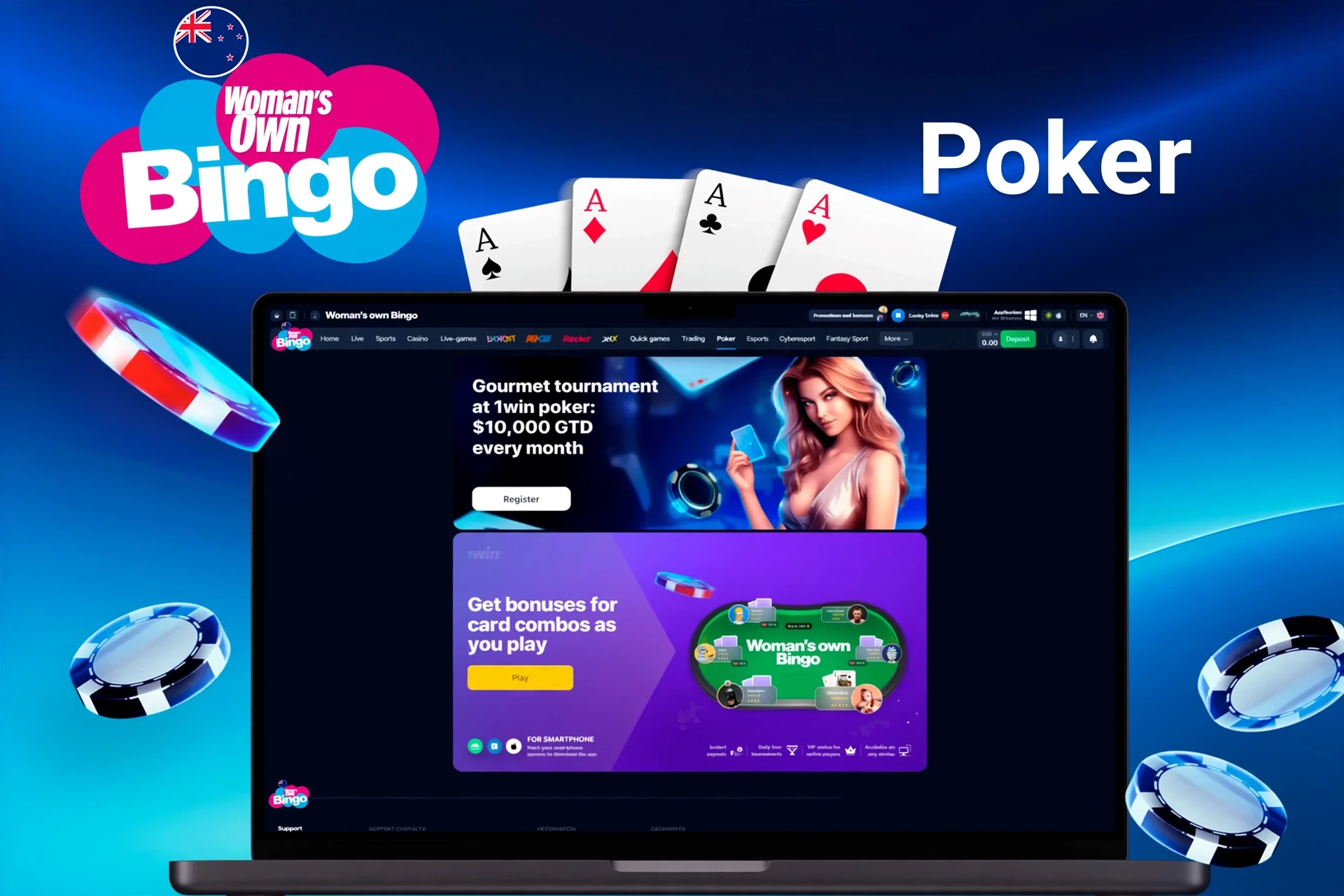 Woman's Own Bingo poker promotion featuring a premium tournament with £10,000 guaranteed prize and bonuses for card combos