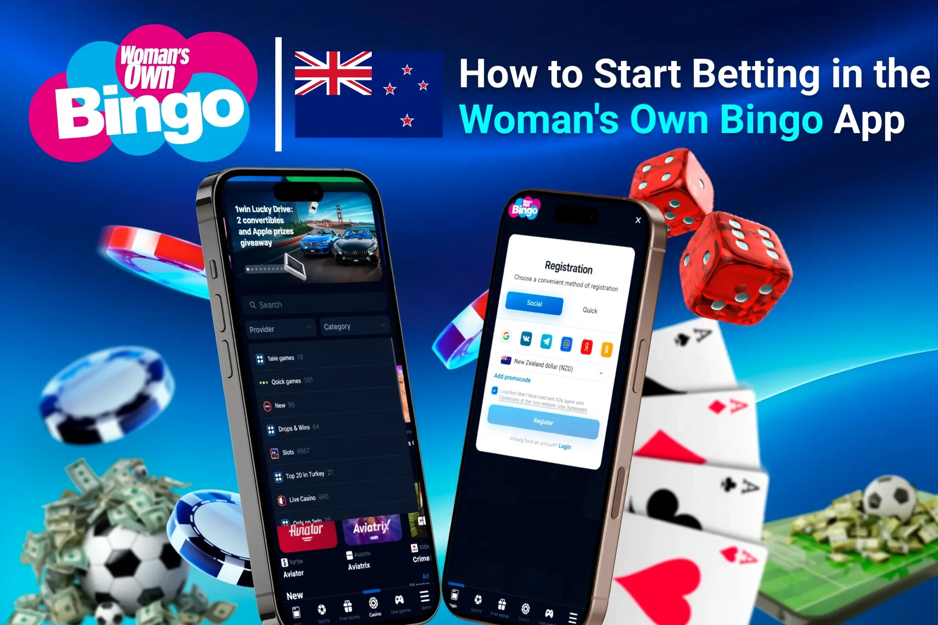 Step-by-step guide to starting to play on the app, with registration and game selection shown on mobile screens