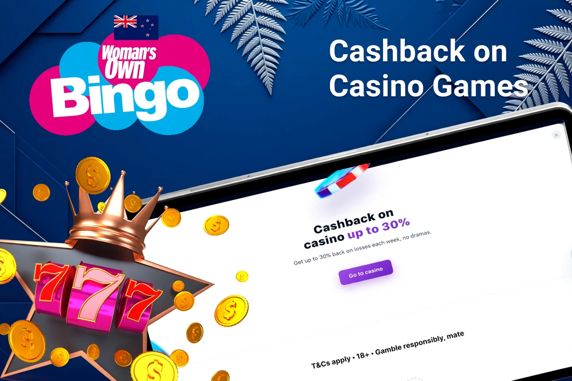 Mobile app with 1Win poker rakeback offer up to 50%, red dice, and playing cards