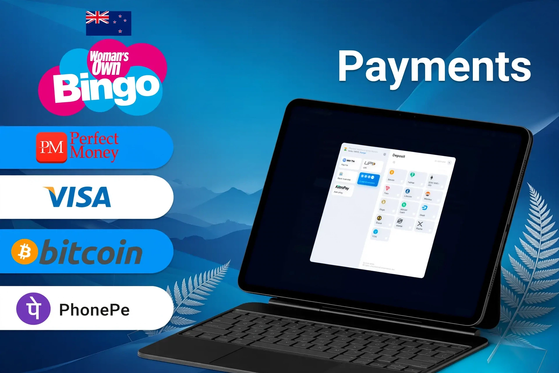 Woman's Own Bingo payment methods including Visa, Mastercard, PayPal, and Apple Pay for quick and secure transactions