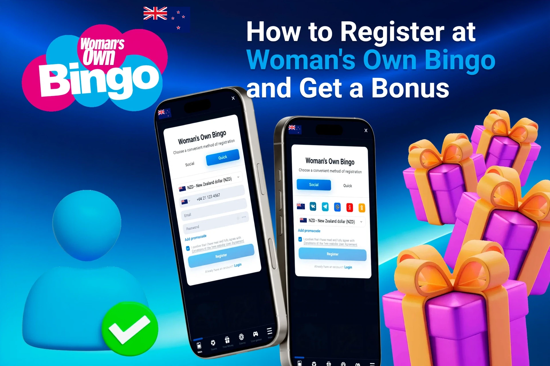 Mobile registration page for 1Win showing bonus offers with purple and gold gift boxes