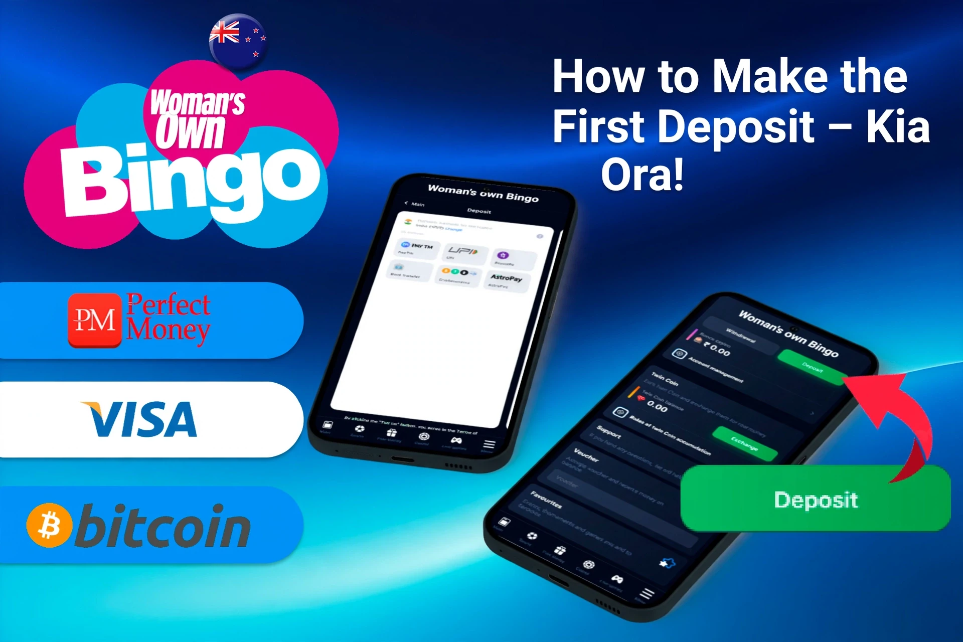 mobile app with deposit options including PayPal, Visa, and Bitcoin, along with deposit button