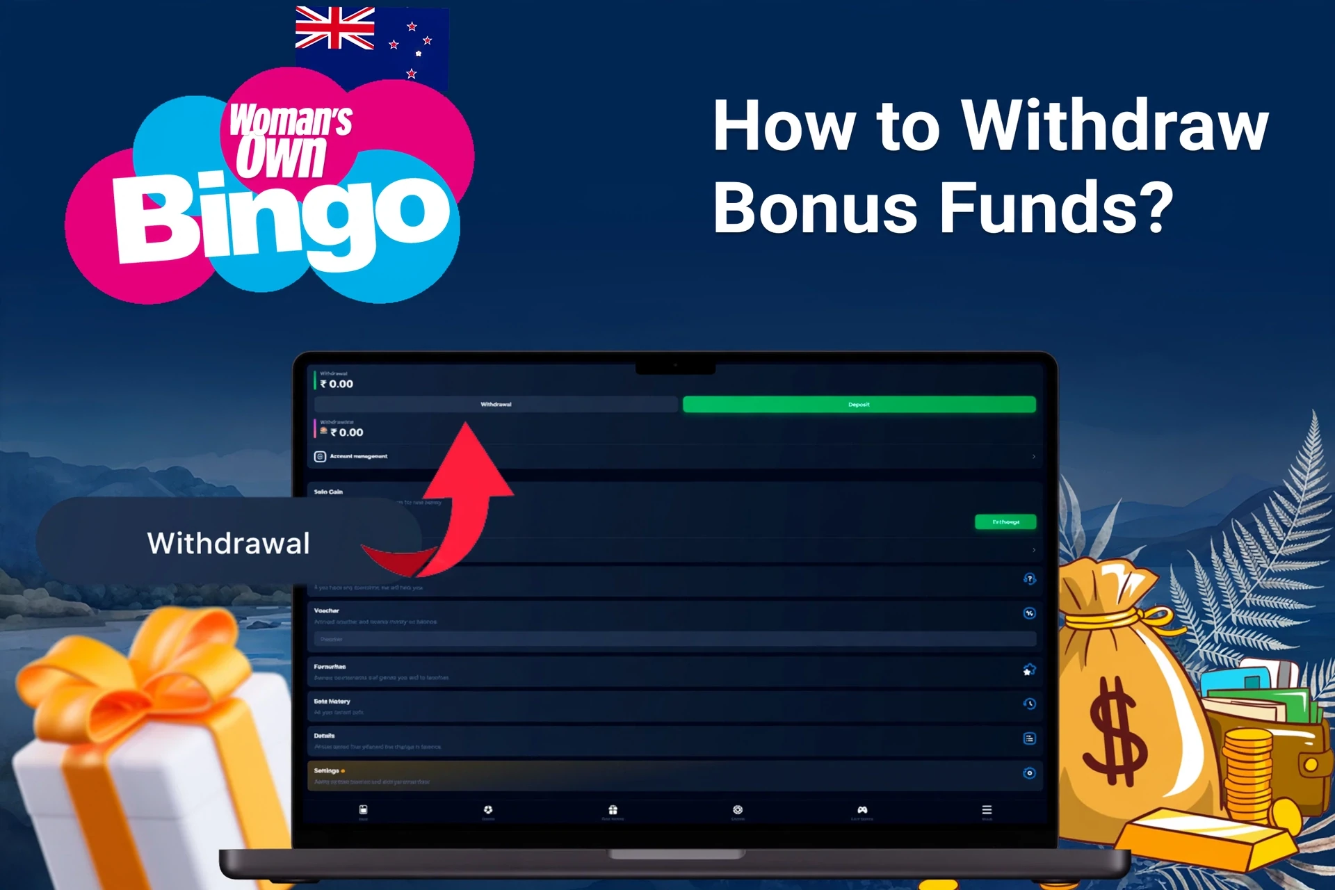Laptop screen showing Woman's Own Bingo withdrawal options with money bags and gift boxes in the background