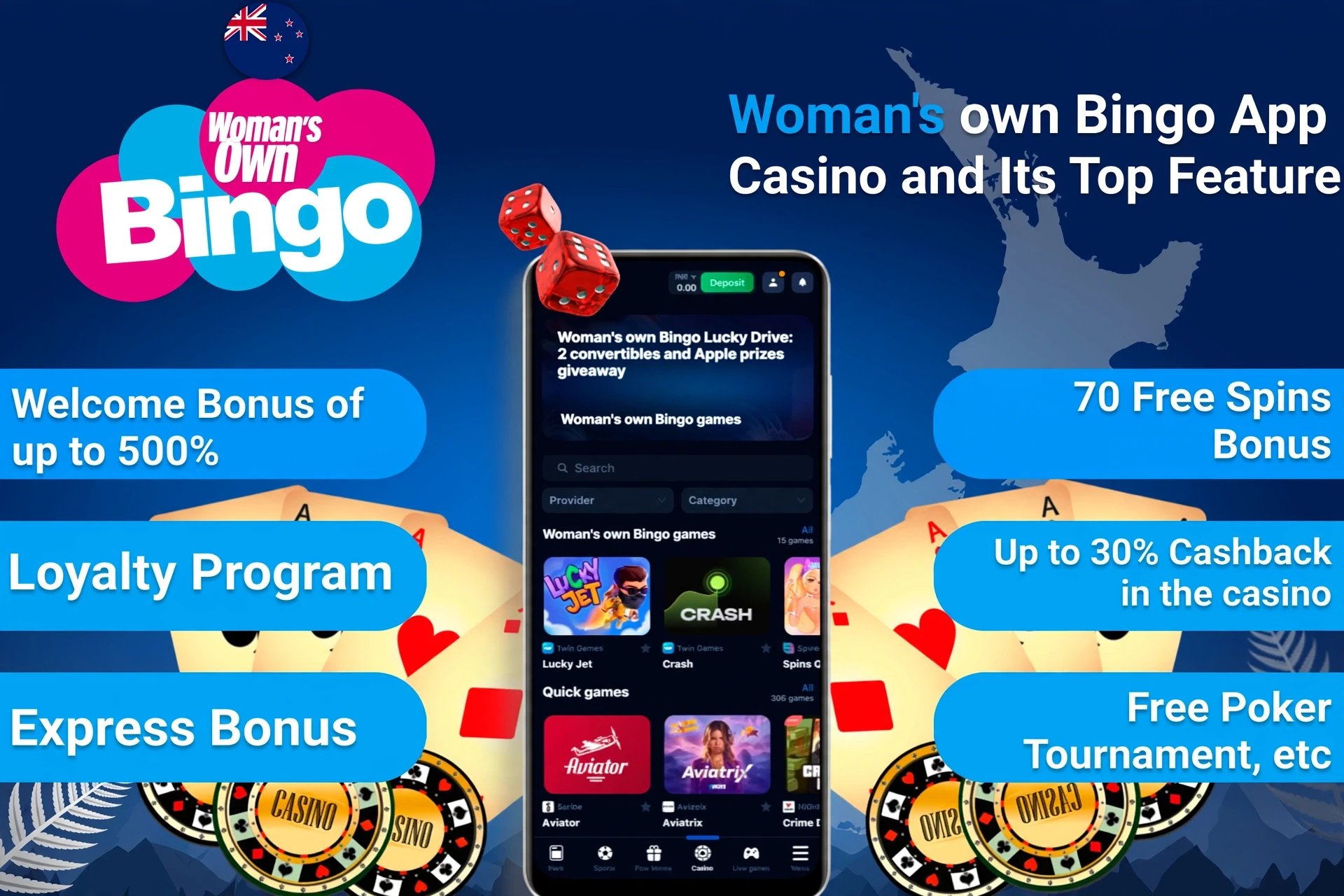1Win App Casino top features including welcome bonus, loyalty program, and express bonus on mobile interface