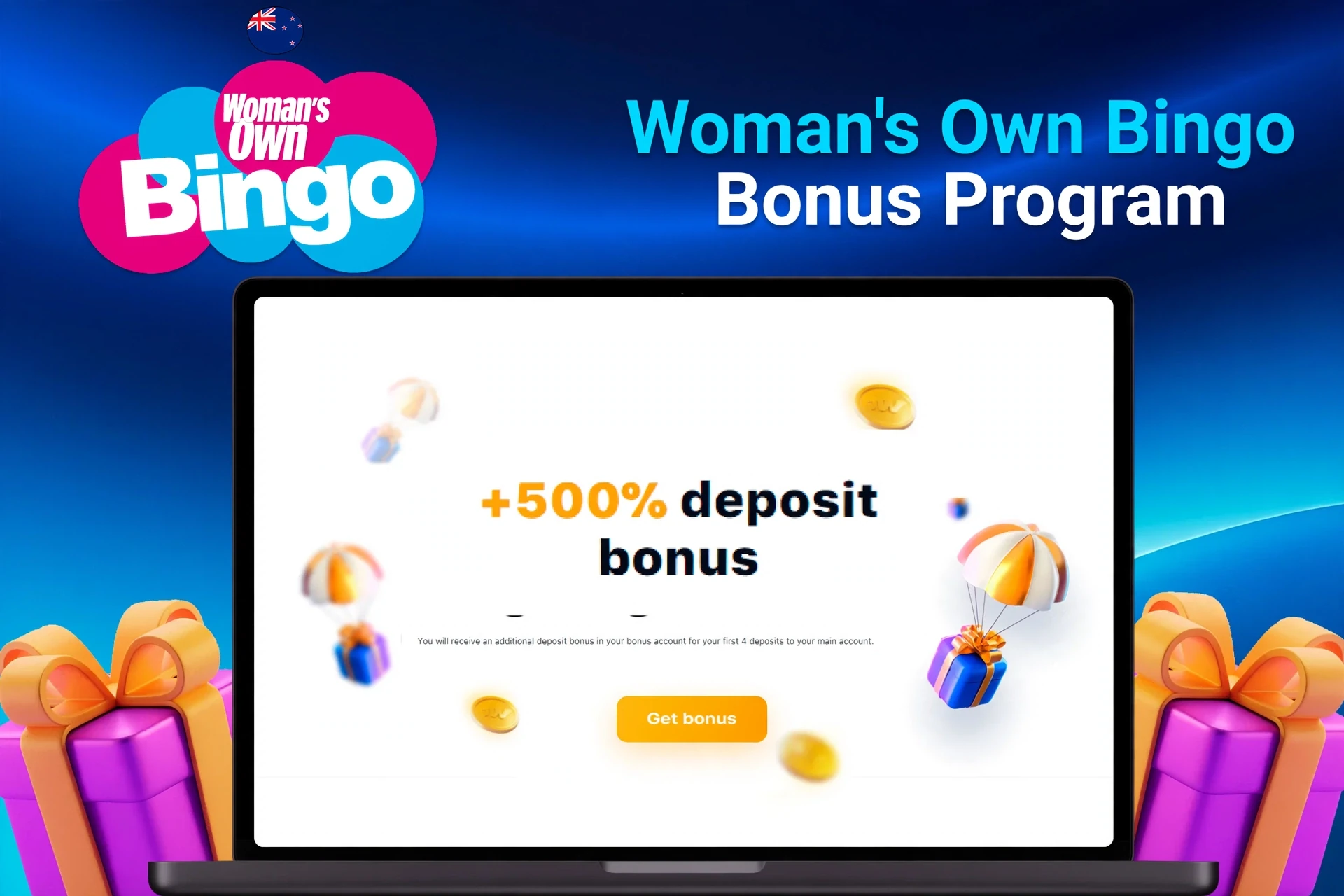 Laptop showing bonus offer of +500% deposit bonus with floating coins and gifts