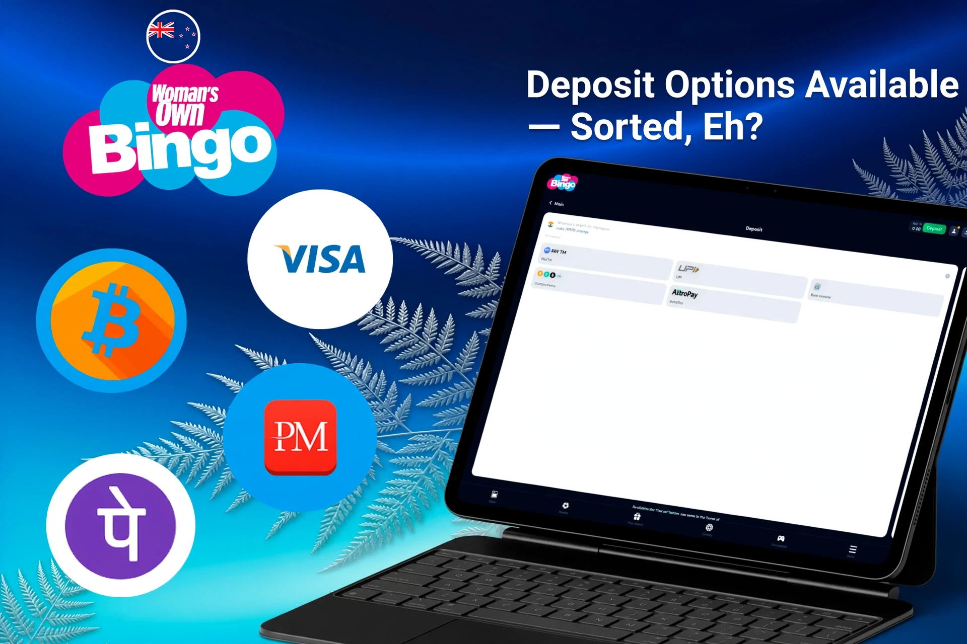 Deposit options available on Woman's Own Bingo platform, including Visa Debit, Mastercard, PayPal and Apple Pay, displayed on a tablet