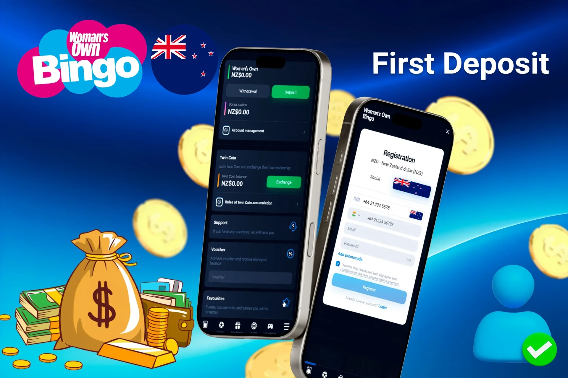 mobile interface showing steps to make the first deposit at Woman's Own Bingo, with icons for payment options and bonus registration
