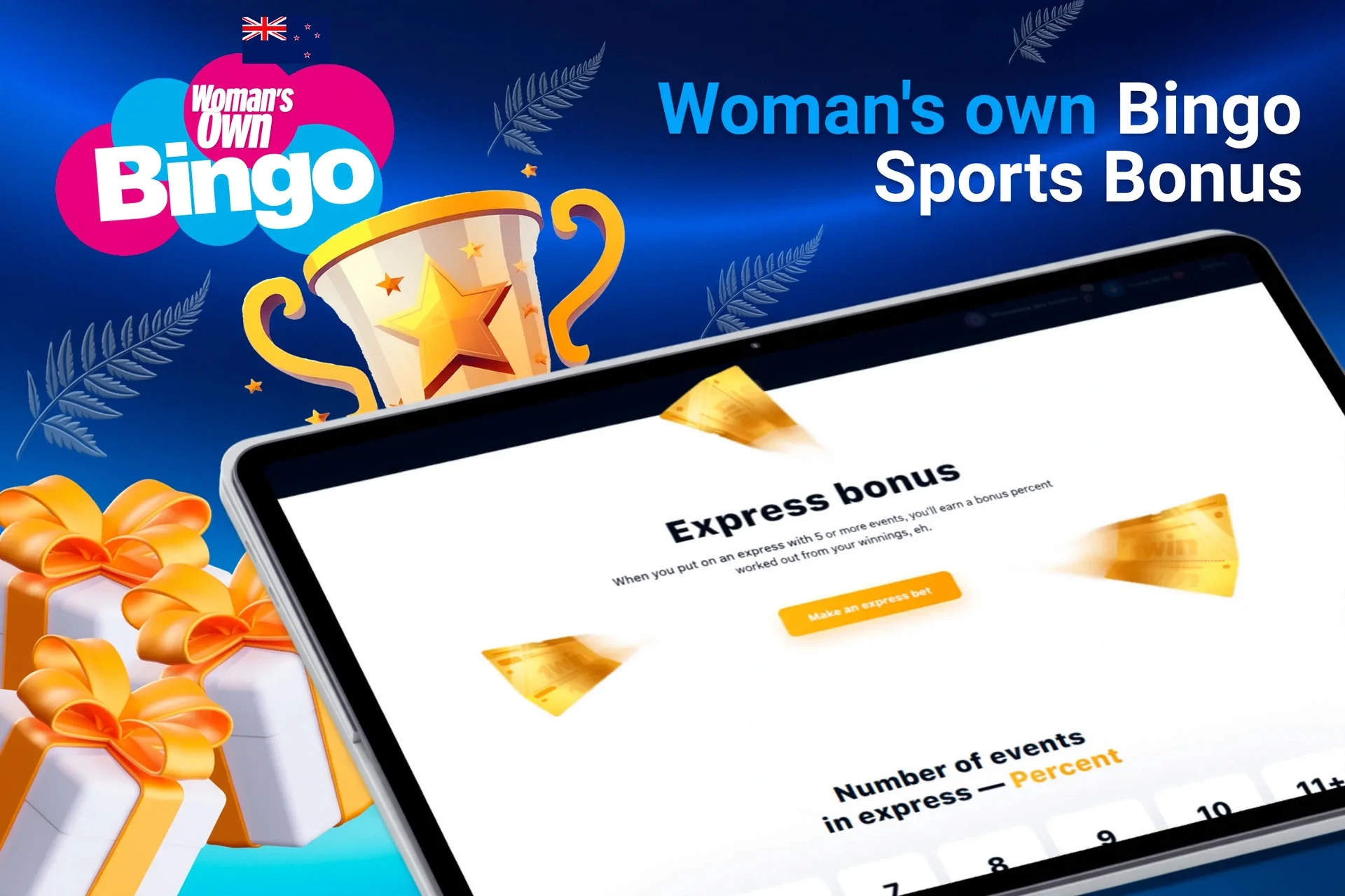 Tablet screen with express bonus offer for sports betting from 1Win, with trophy and gift boxes.