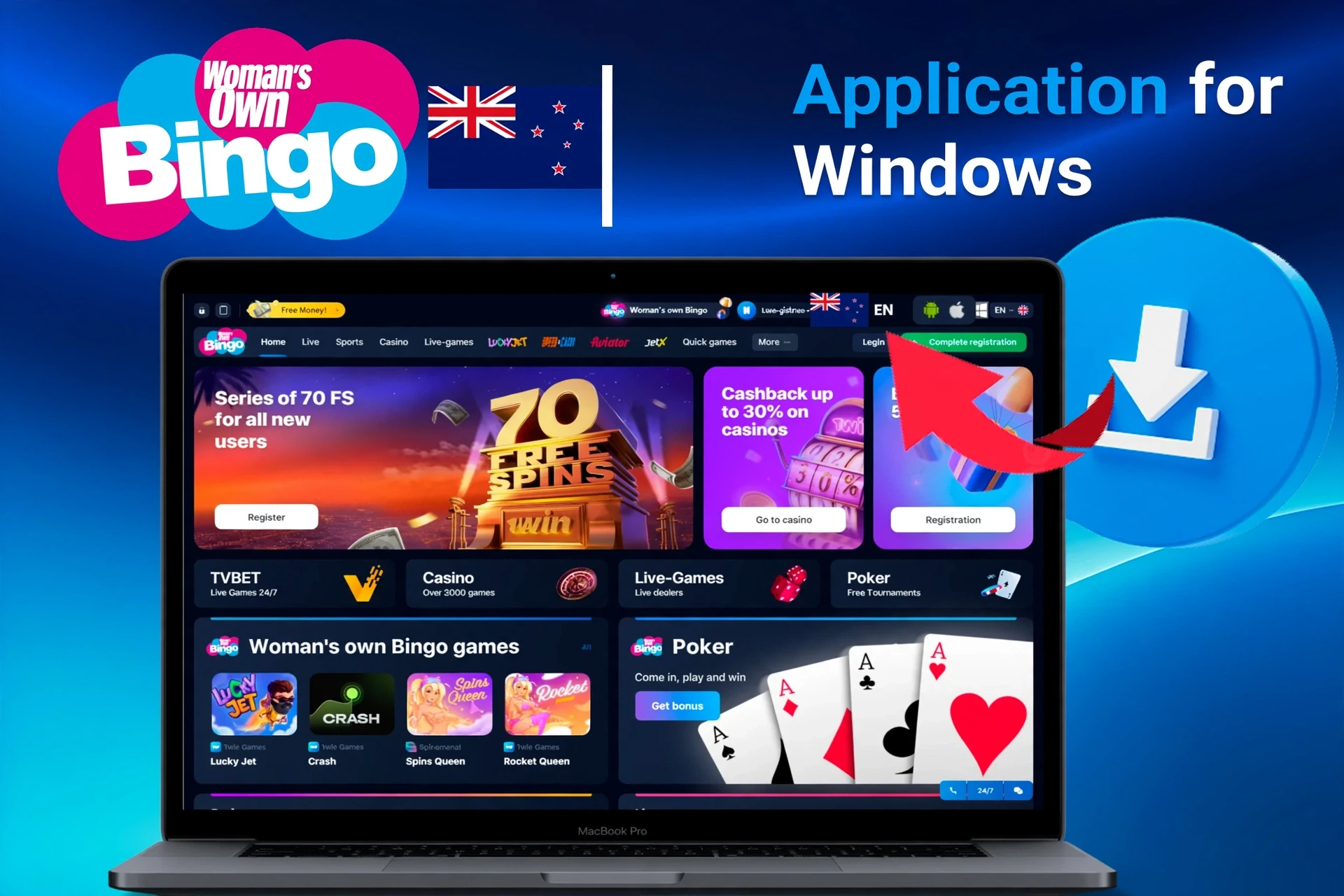 Desktop access to Woman's Own Bingo with site navigation and promotions