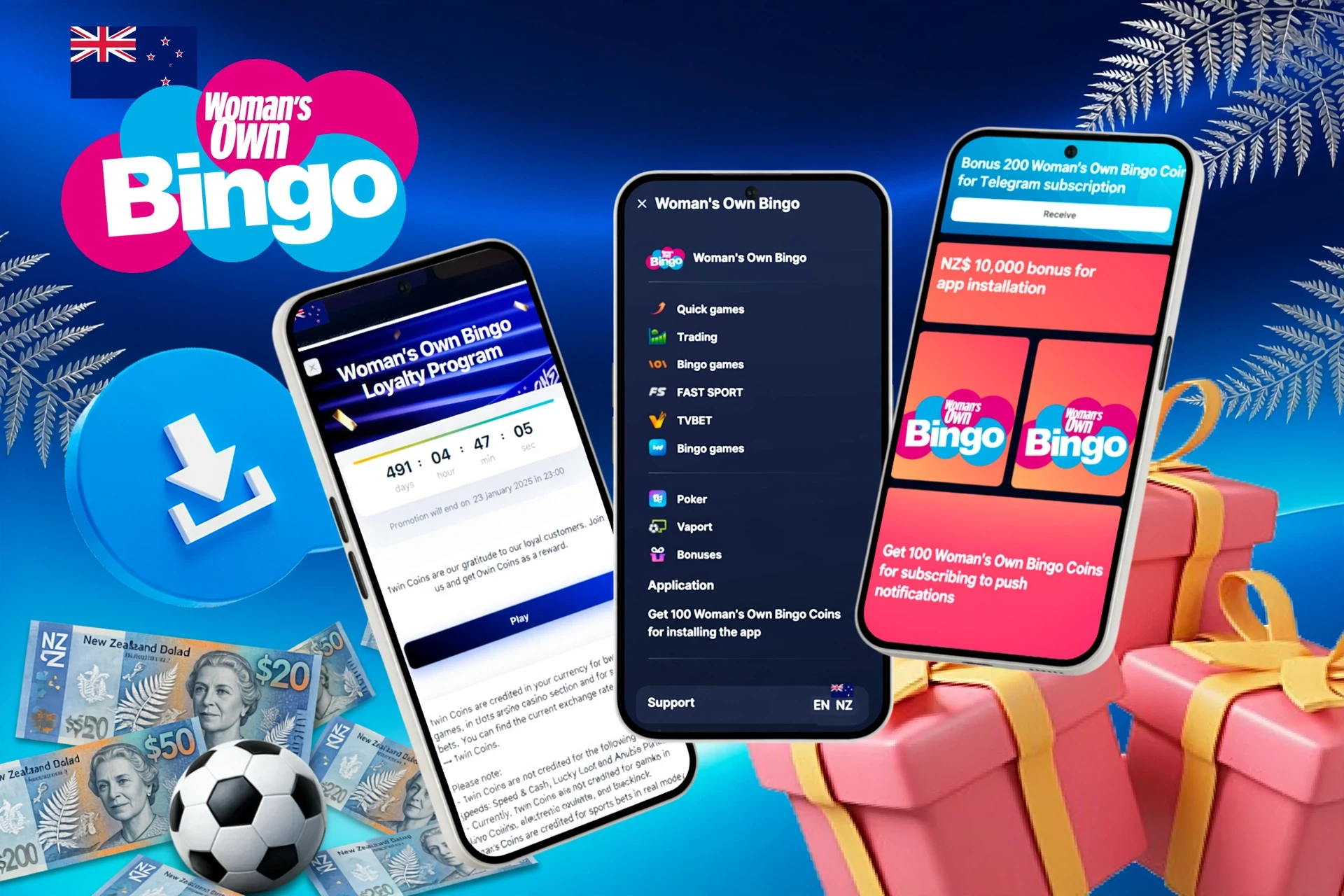 Mobile screens showing loyalty program, app installation bonus, and football icon with download button