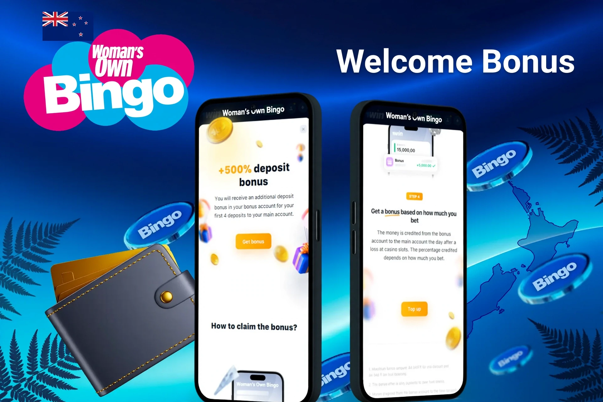 Woman's Own Bingo welcome bonus screen with 50% up to £50 deposit bonus shown on mobile screens