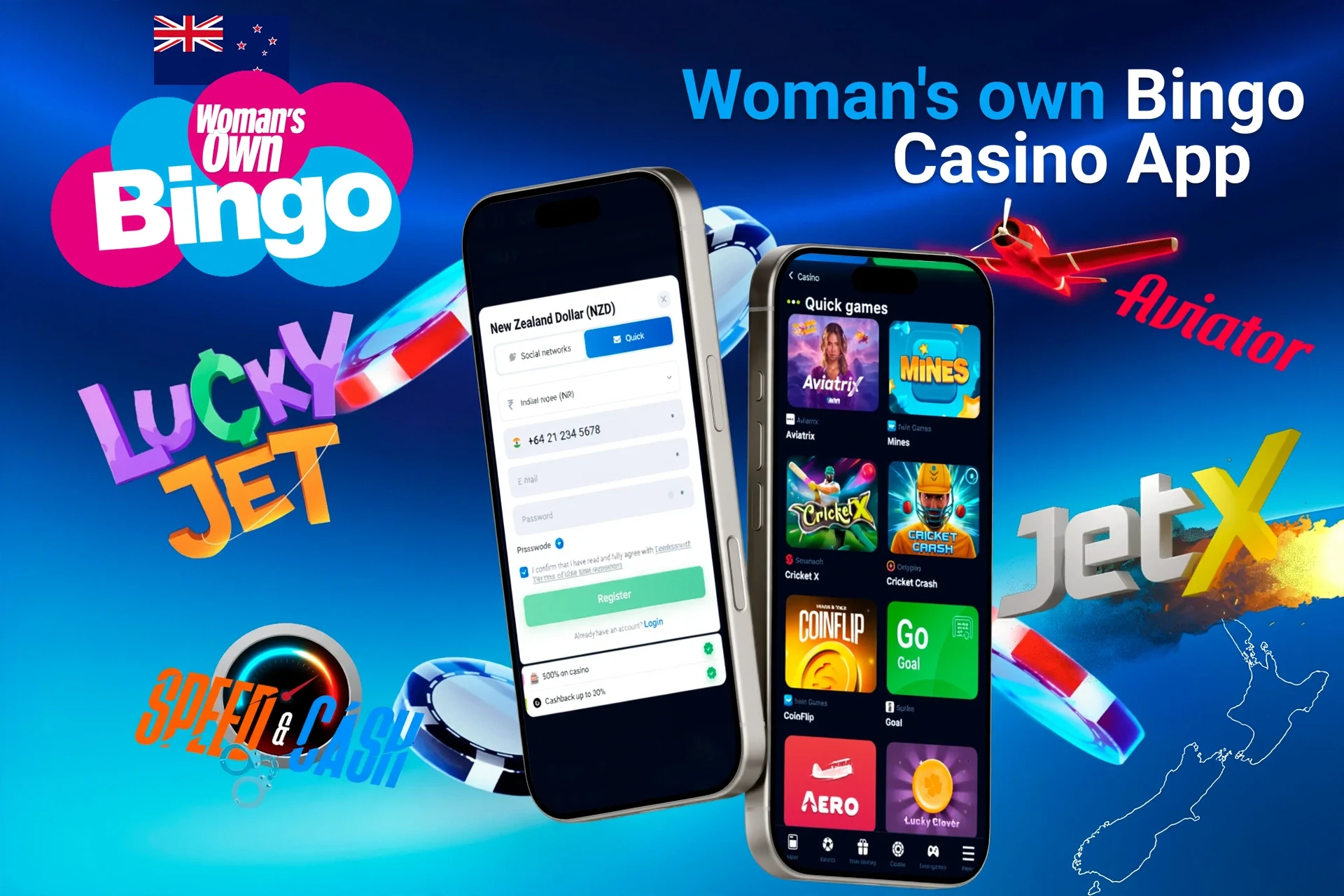 Woman's Own Bingo Casino app registration screen with quick games like Aviatrix and JetX