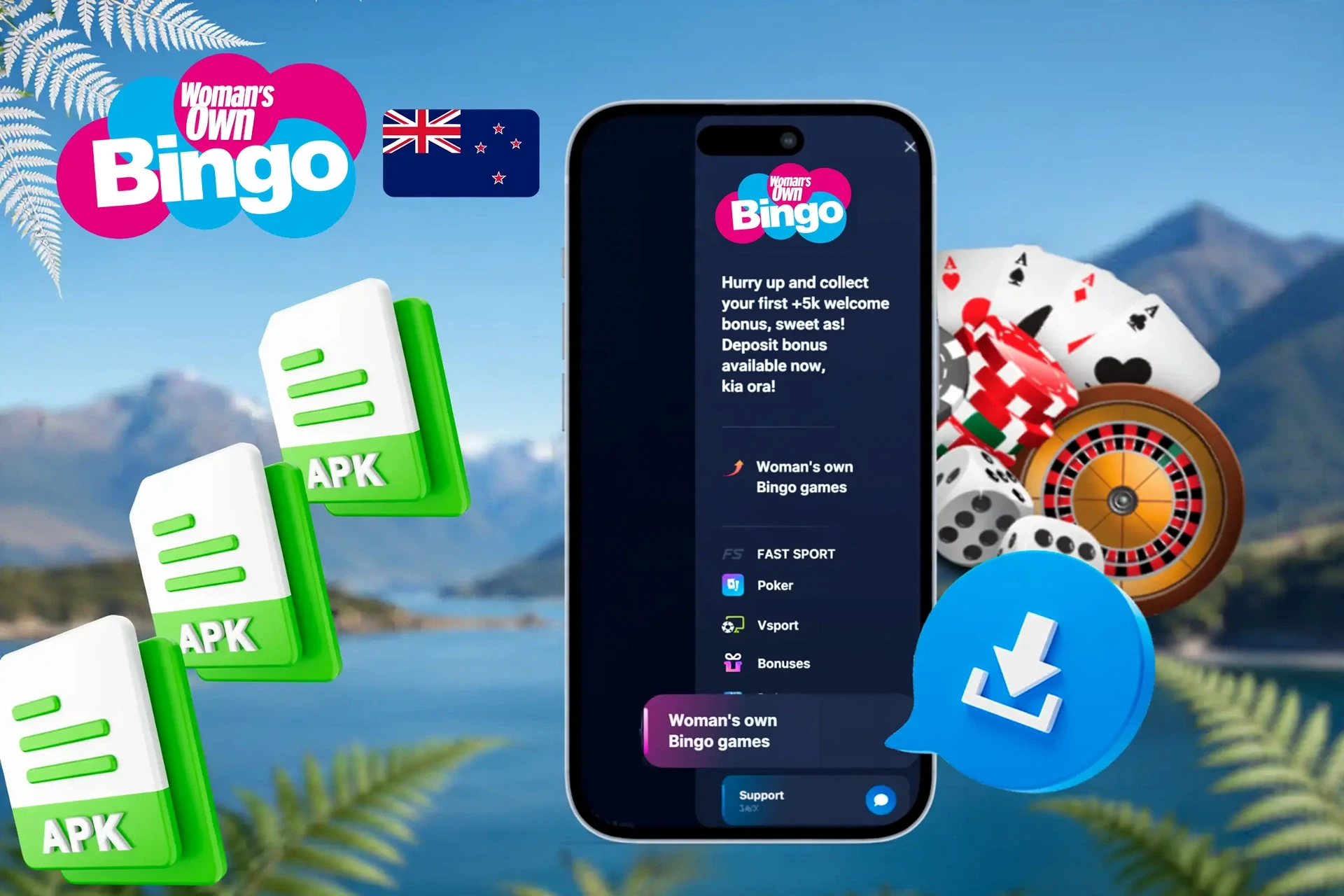 Woman's Own Bingo mobile site with casino chips illustrating mobile access to games