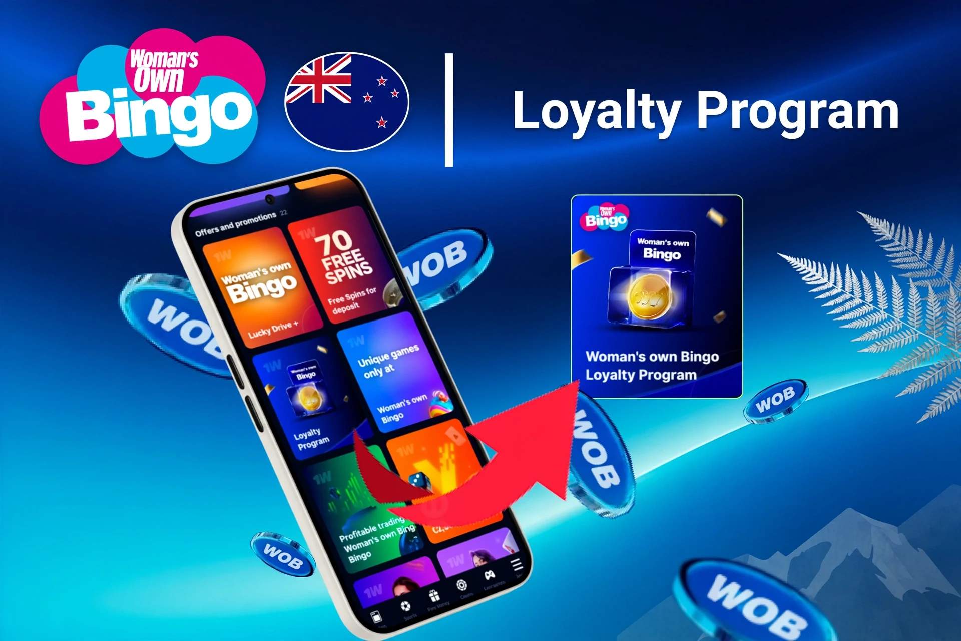 Mobile app showing 1Win loyalty program and offers like free spins and Lucky Drive.