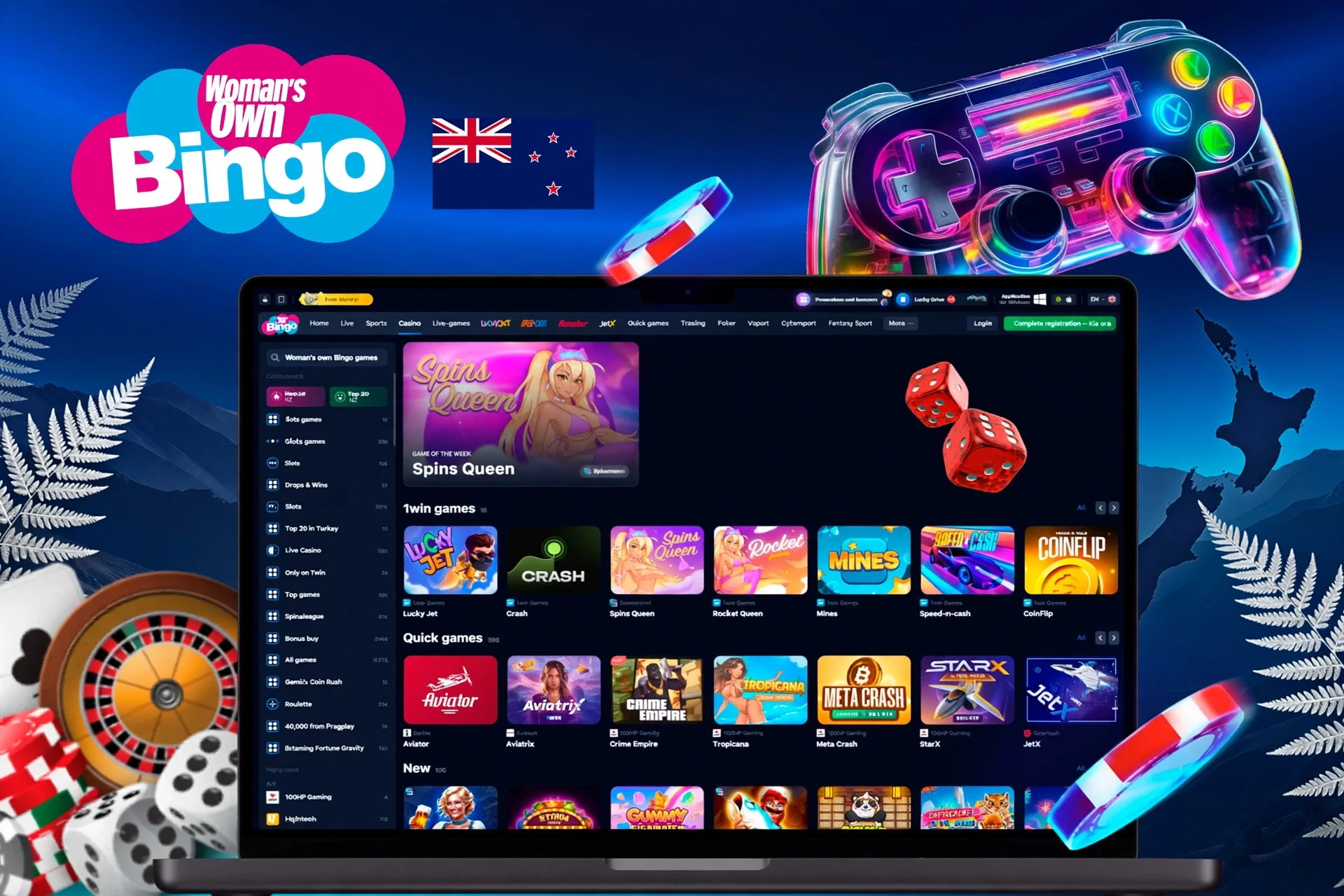 app interface showing a variety of games with bingo and slot icons and a vibrant game controller