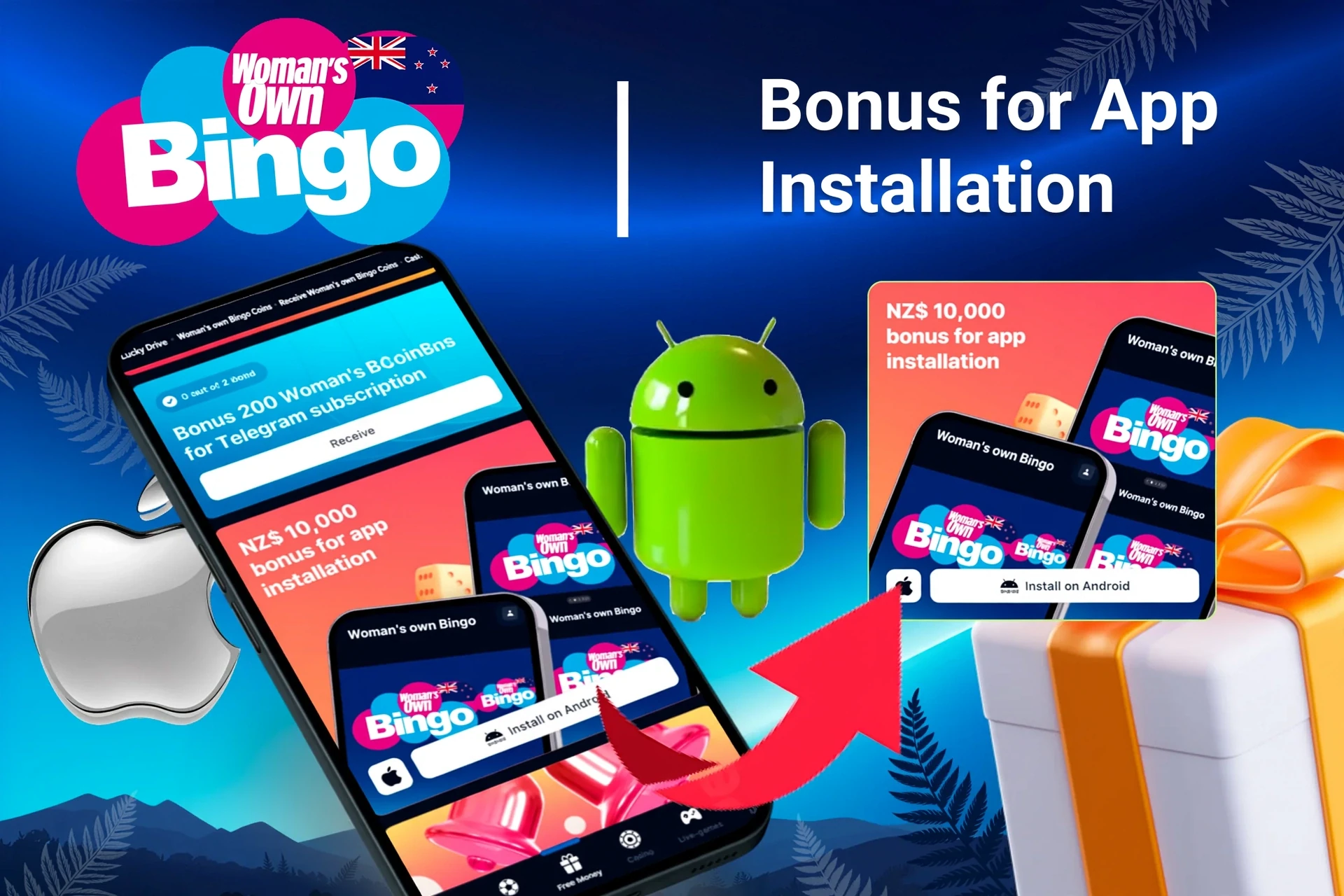Woman's Own Bingo mobile bonus offer with Android and Apple logos, and gift boxes