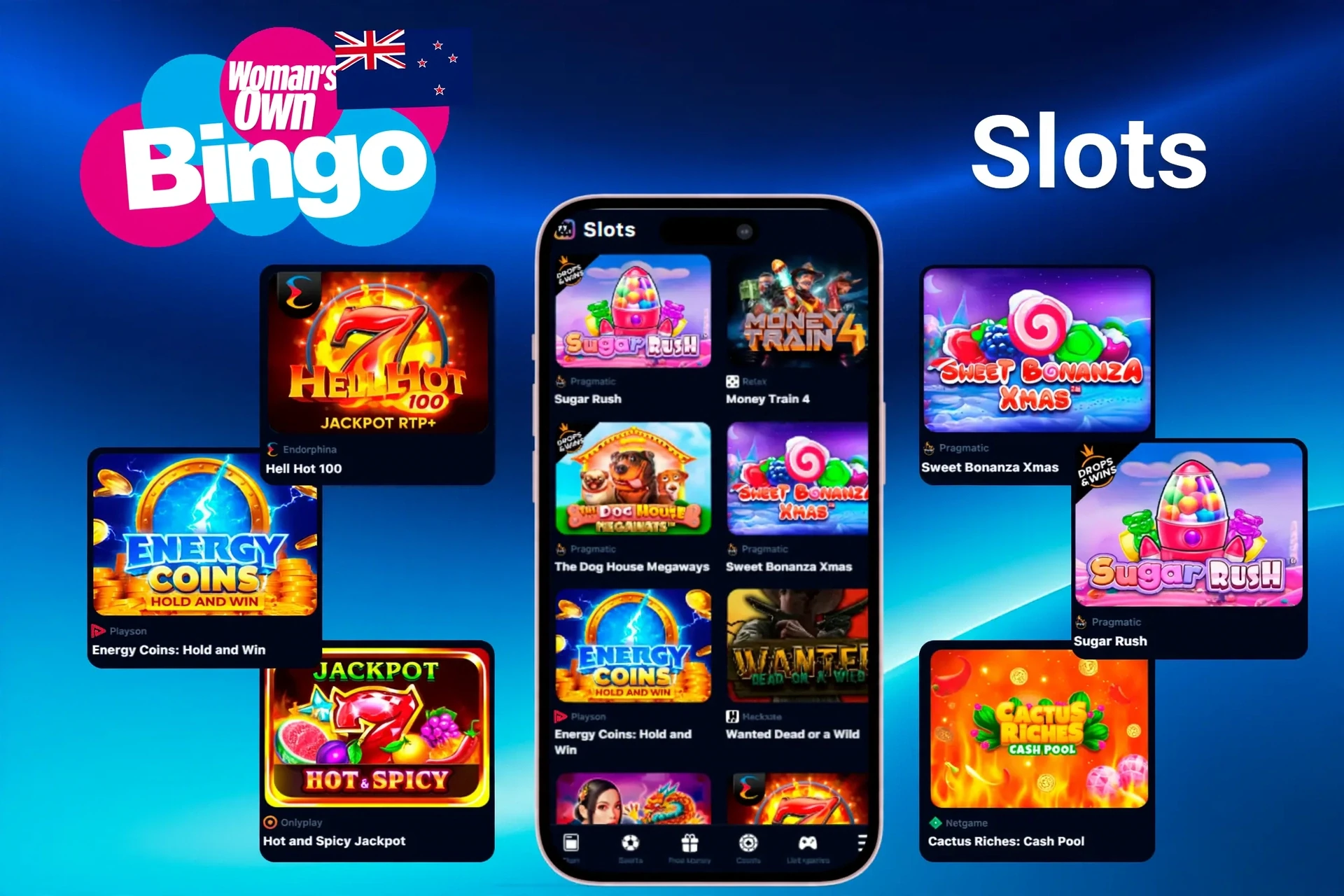 Slots games featuring popular titles like Sugar Rush, Energy Coins, and Hell Hot 100 on mobile and desktop