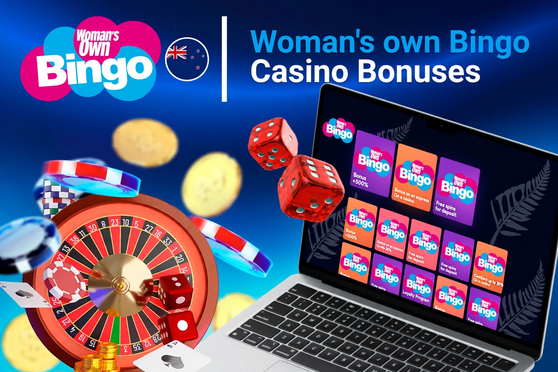 Laptop screen showing various Woman's Own Bingo casino bonuses with roulette, dice, and poker chips