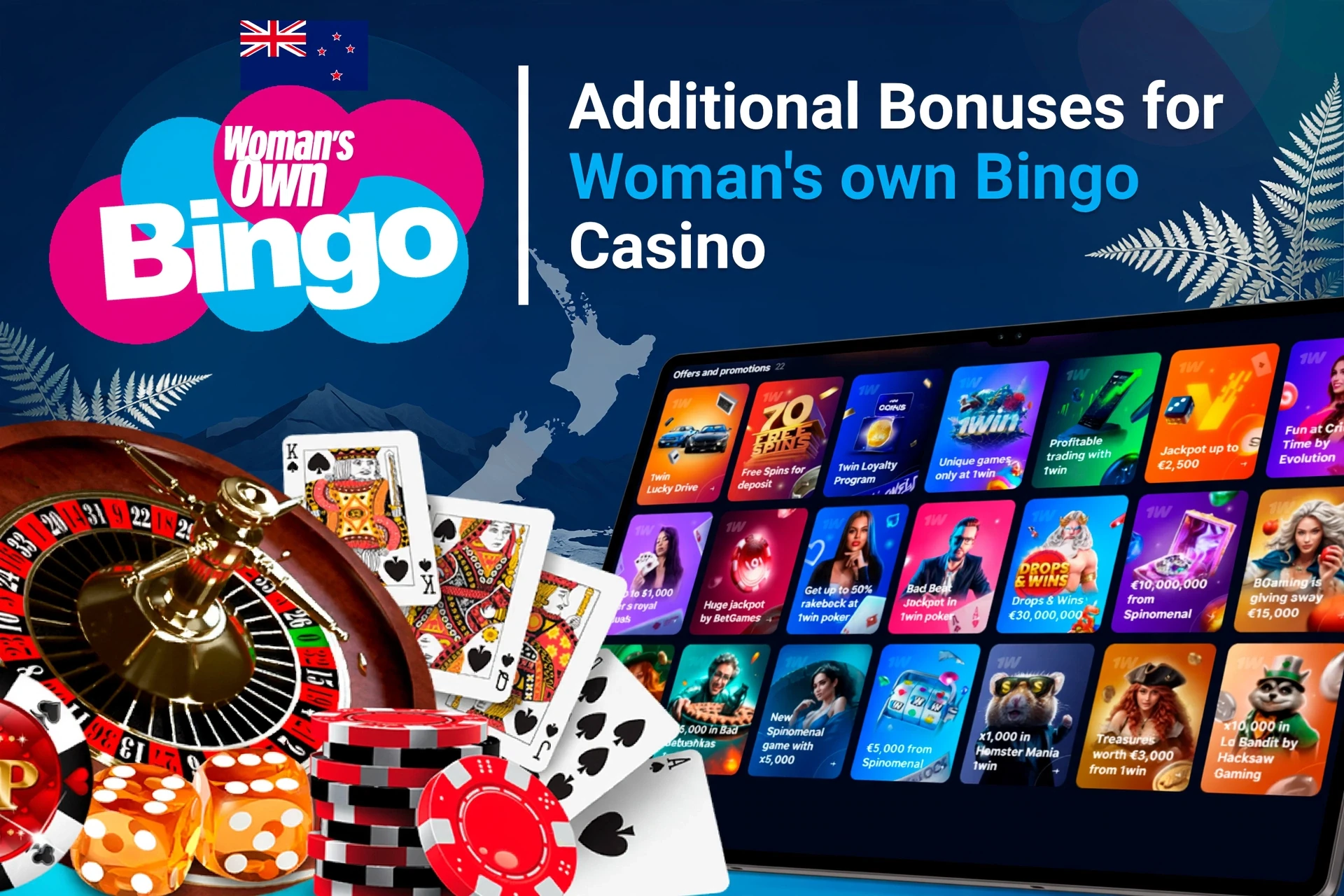 Mobile site showing casino game offers like loyalty program and free spins with poker chips and cards