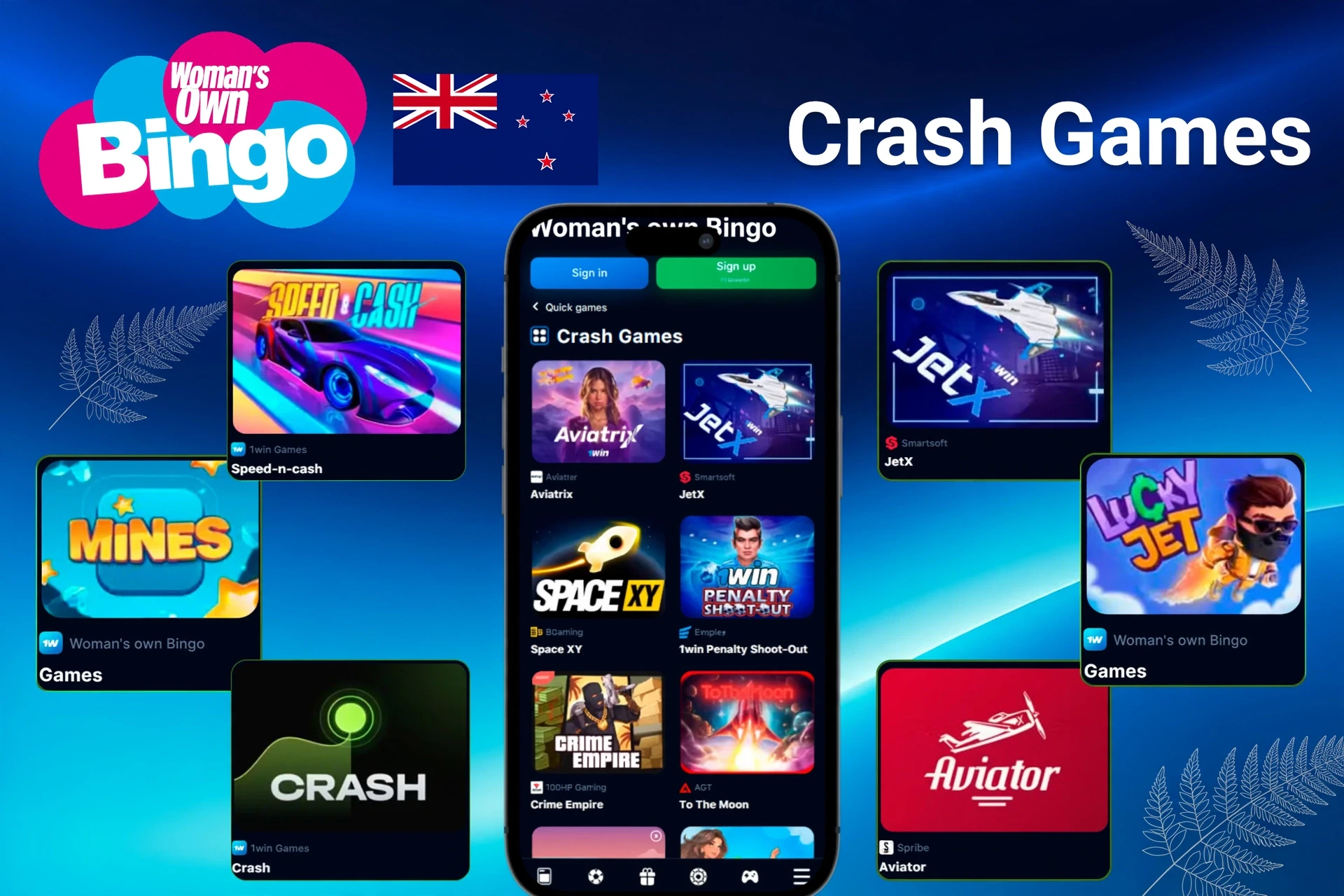 Crash games such as Mines, Speed-n-Cash, JetX, and Lucky Jet shown on mobile and desktop