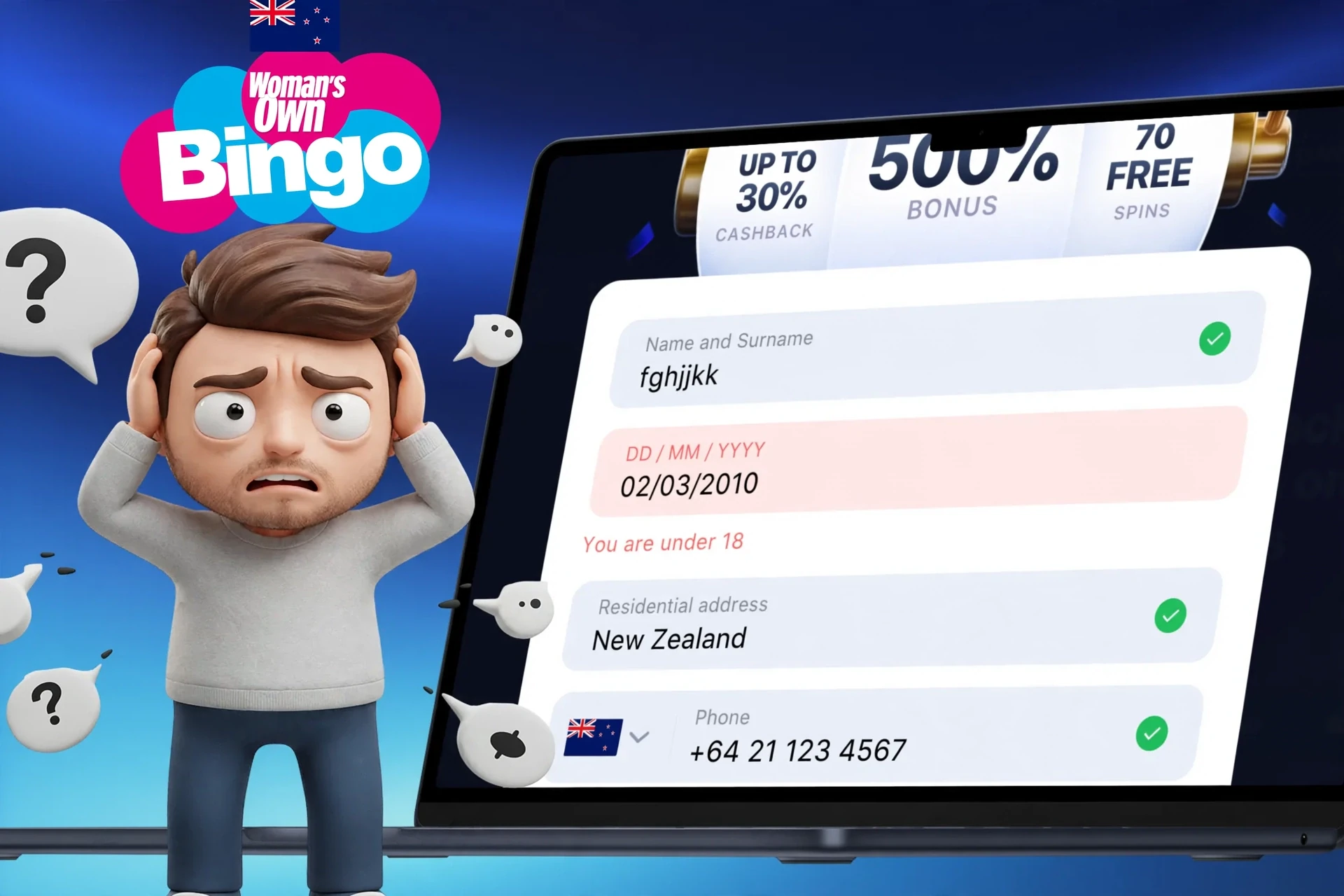 Overview of potential issues when registering on Woman's Own Bingo